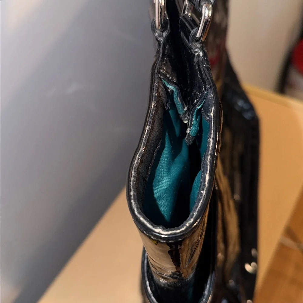 Coach ladies black patent leather tote. Green lining. F24893.